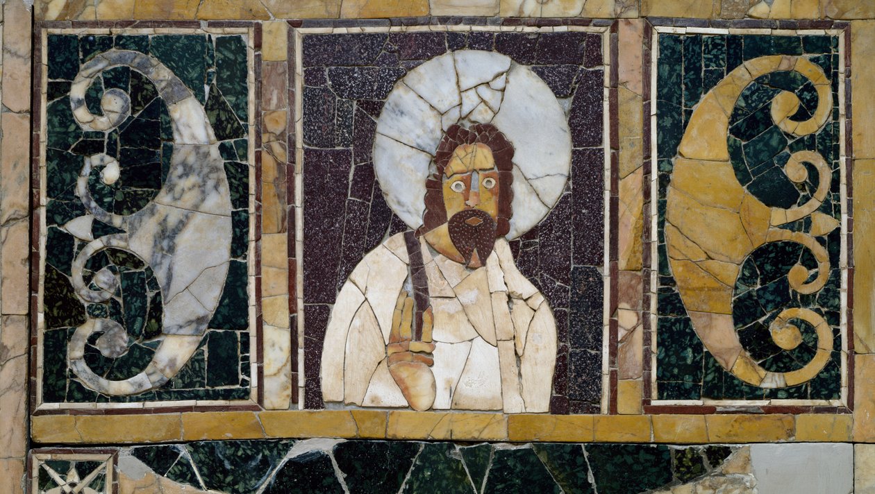 Indlagt marmor, der viser Kristi ansigt, artefakt fra Rom, Italien, tidlig kristen periode af Paleo Christian