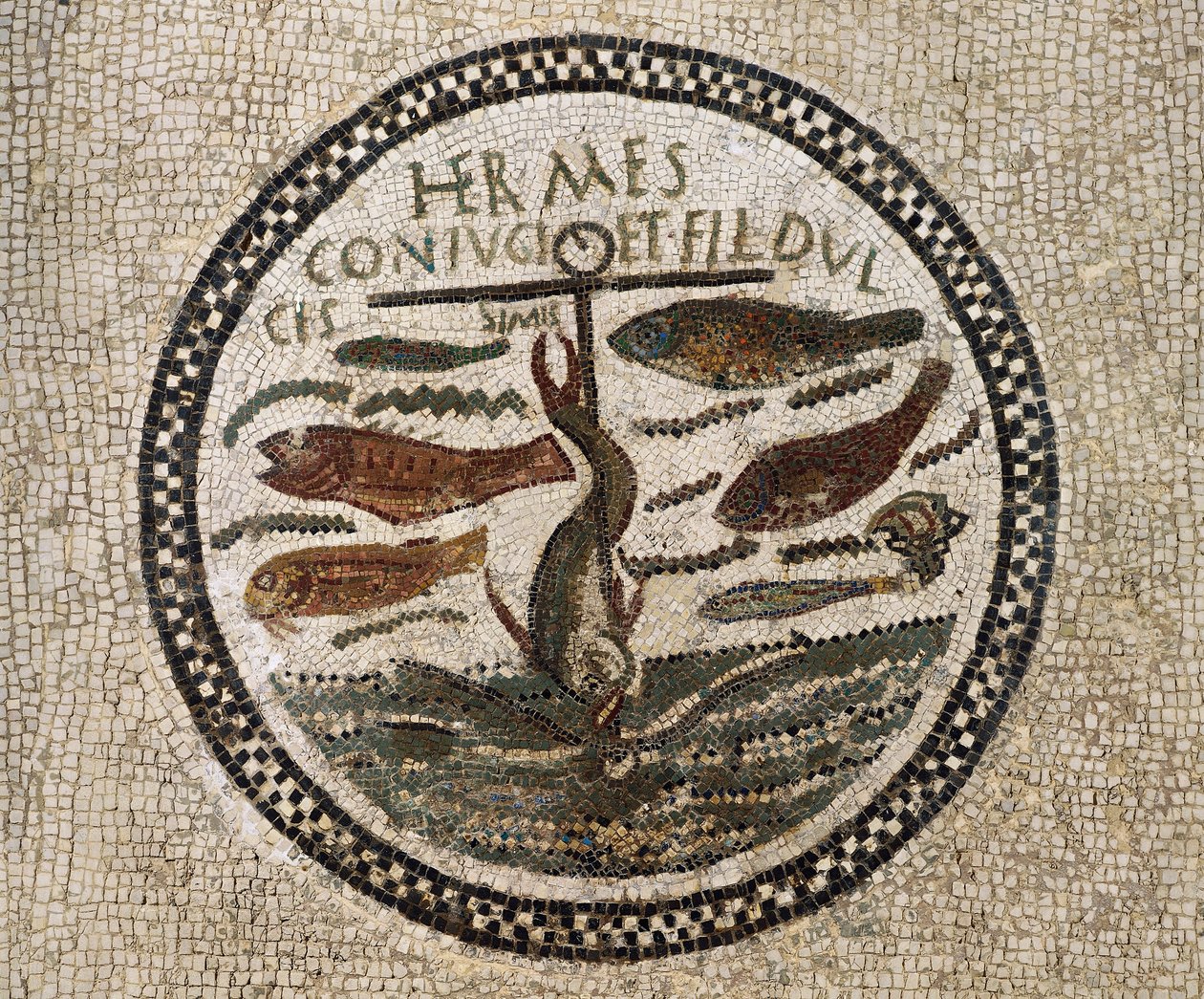 Mosaik med anker omgivet af fisk, symbol på Kristus og hans tilhængere, katakomberne i Sousse, Tunesien, tidlig kristen periode, 4. århundrede af Paleo Christian