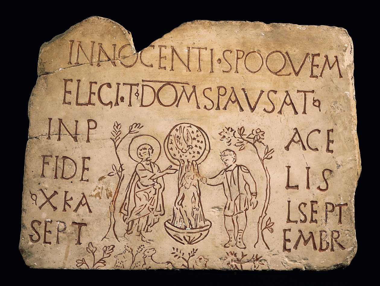 Gravsten med inskription og Kristi dåb, tidlig kristen periode, 3. århundrede af Paleo Christian
