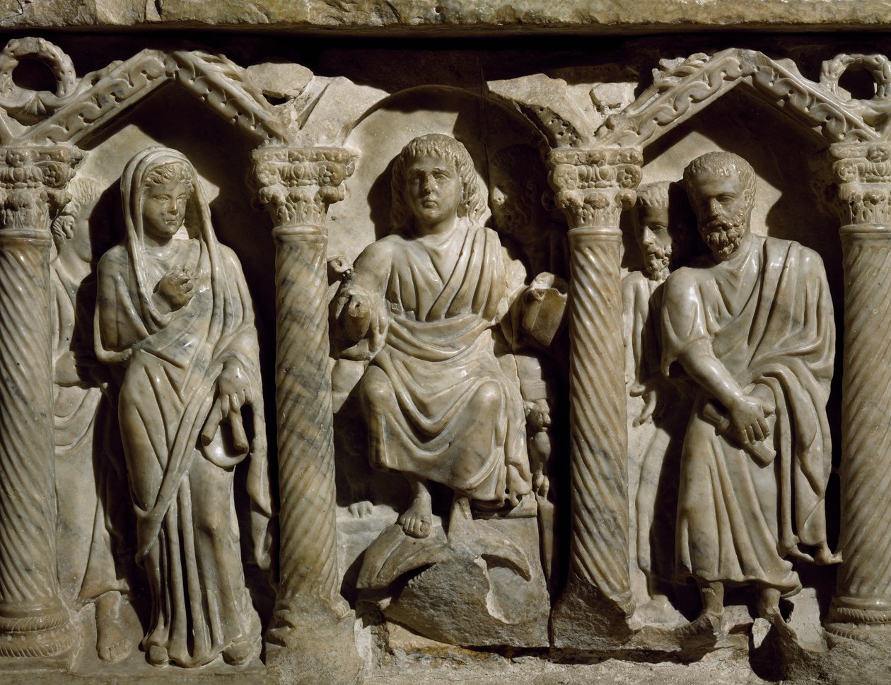 Tidlig kristen sarkofag også kendt som Sarcophagus of Blessed Giles, marmor, Oratory of San Bernardino, Perugia, Umbrien, Detail, Italien, 4. århundrede af Paleo Christian