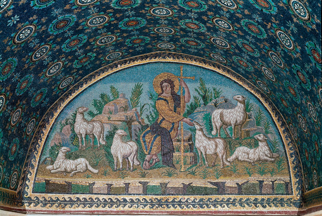 God præst. Mosaik af rammen over indgangsdøren til Mausoleum of Galla Placidia, c425 (mosaik) af Paleo Christian