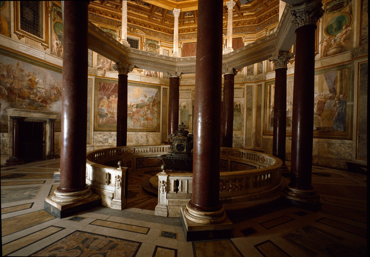 Indvendigt billede af det palæokristne dåbskapelle i San Giovanni in Laterano (St. John Laterano) (Lateran baptisterium eller San Giovanni in Fonte), bygget omkring 440. Rom af Paleo Christian