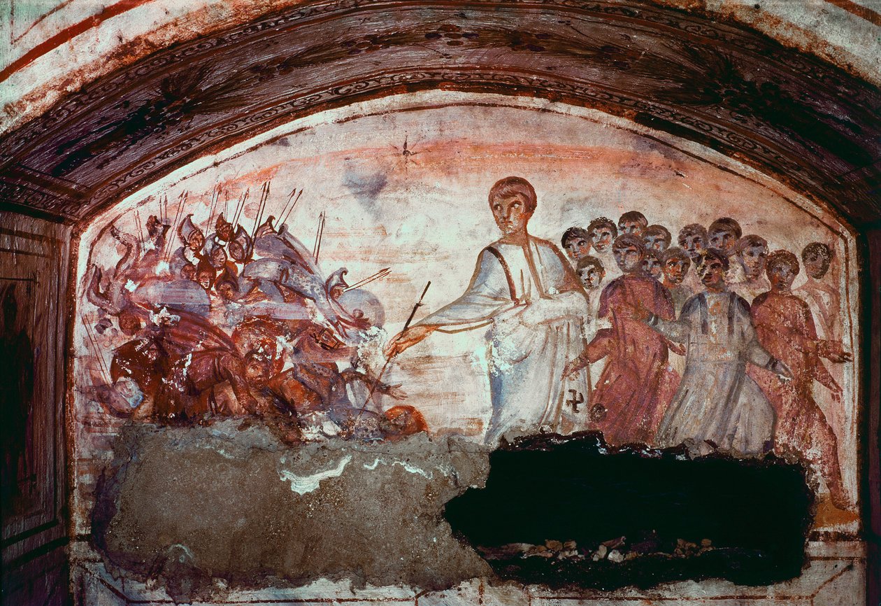 Paleochretian Art (perioden i det gamle Rom): Passage af Det Røde Hav. Fresko af katakomben på Via Latina i Rom. 4. århundrede. - Palæokristen kunst (perioden i det gamle Rom): krydset af Det Røde Hav. Fresko fra katakomben på Via Latina. 4. århundrede af Paleo Christian