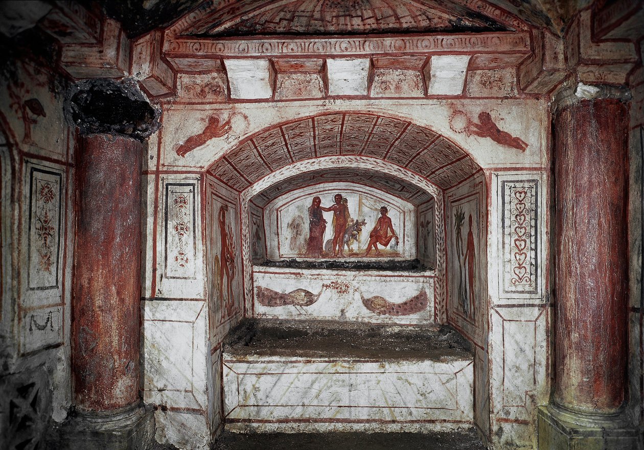 Paleochretian Art: "" Hercules (Alcide), der bringer Alceste fra underverdenen, returnerer hende til sin mand Admete"" Fresco fra det 4. århundrede efter JC. Rom, Catacombs di Via Latina - Tidlig kristen kunst. Hercules bringer Alcestis tilbage fra Hades t af Paleo Christian