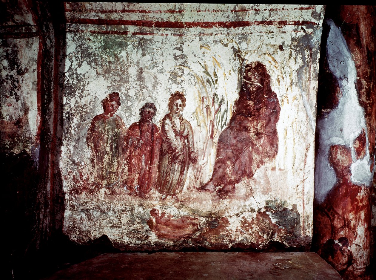 Paleochretiansk kunst (perioden i det gamle Rom): Moses redder fra Nilens vande af Faraos datter. Fresko af katakomben på Via Latina i Rom. 4. århundrede. - Tidlig kristen kunst. Moses reddede op af vandet. Fresco, 4. århundrede e.Kr. Catacom af Paleo Christian