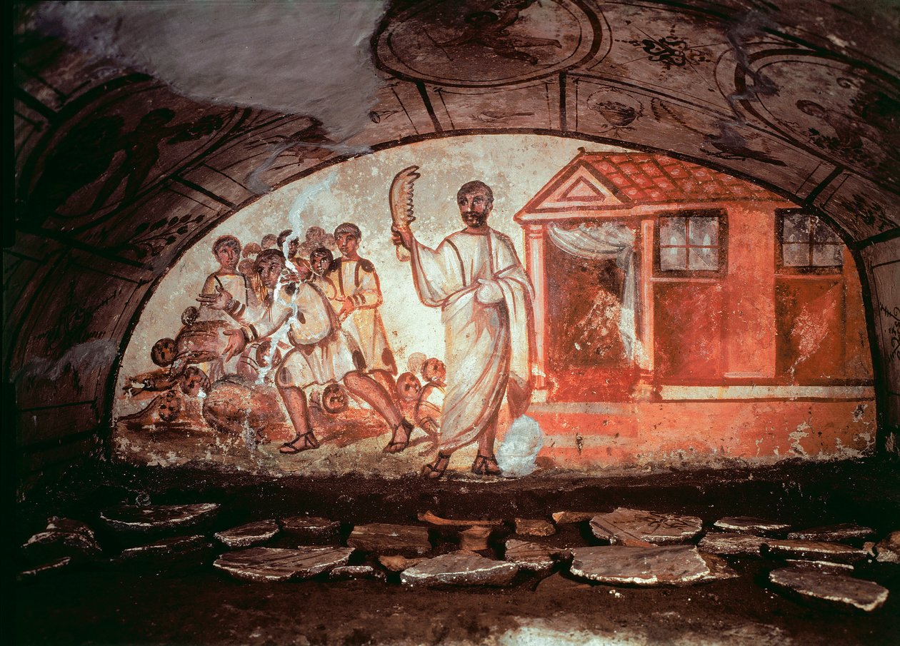 Paleochretiansk kunst (perioden i det gamle Rom): Samson, et æselkæbevåben, massakrerer de 1000 filister. Fresko af katakomben på Via Latina i Rom. 4. århundrede. - Tidlig kristen kunst. Samson slog filistrene med kæbebenet af en ejendom. Fres af Paleo Christian