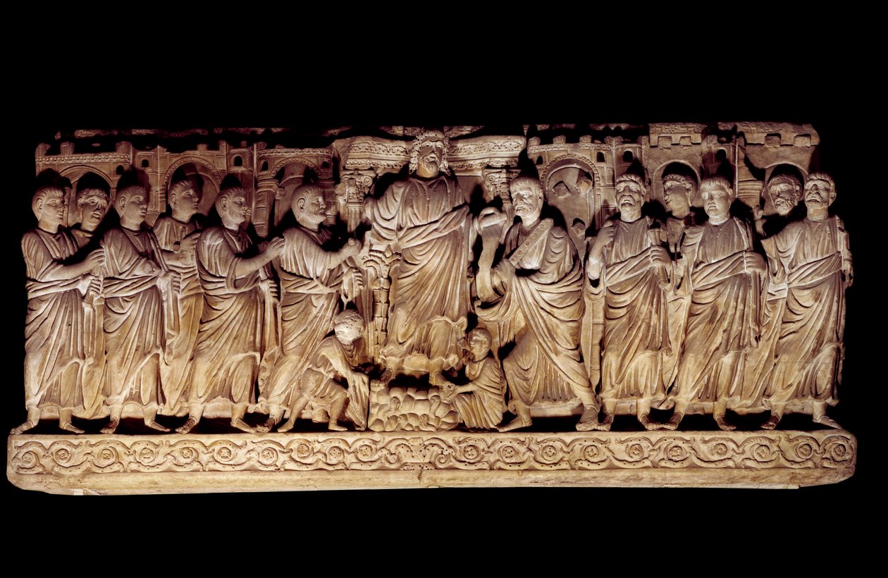 Paleochretiansk kunst: udskåret sarkofag, der repræsenterer Kristus med apoterne. fra Basilica of St. Peter i Rom, mausolee af Anicii. 390-400 e.Kr. Paris, Louvre-museet af Paleo Christian