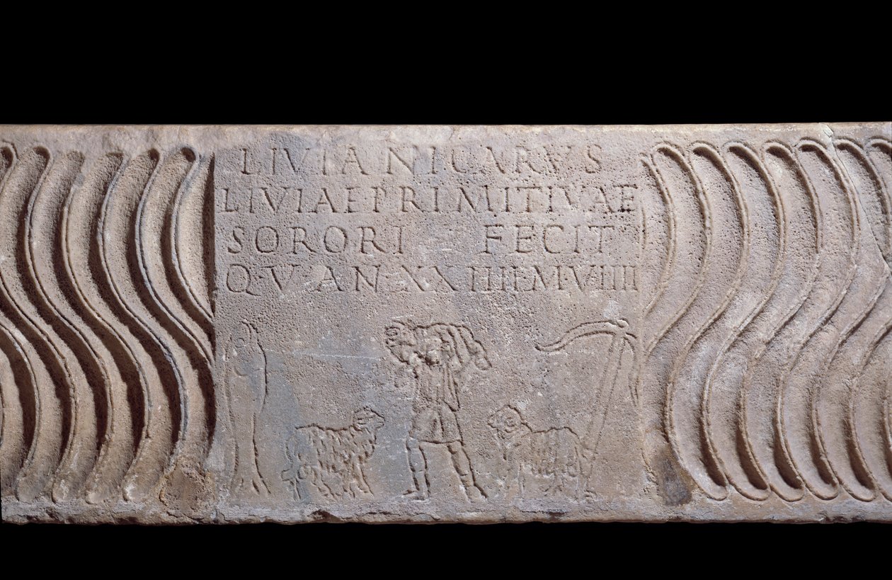 Paleochretiansk kunst: fragmentarisk sarkofagtank: God hyrde og epitafium af Livia Primitiva. En hyrde med lam, en fisk (kristent symbol) og et anker. Find i Rom under Peterskirken. 200-250 e.Kr. Paris, Louvre-museet af Paleo Christian