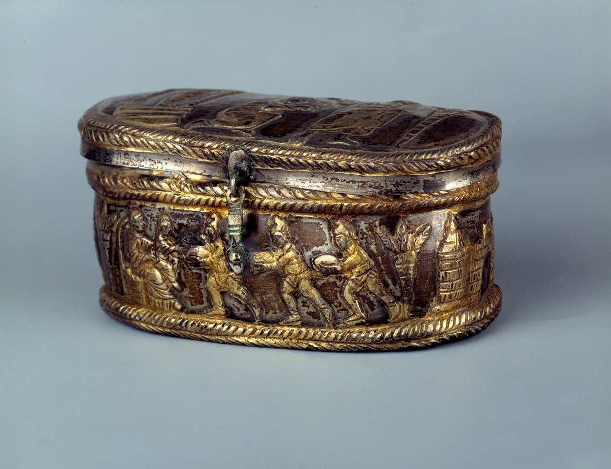 Paleokristen kunst: relikvieæske i sølv kendt som Capsella de Brivio: Tilbedelse af Magi. 5. århundrede e.Kr. Paris, Louvre-museet af Paleo Christian