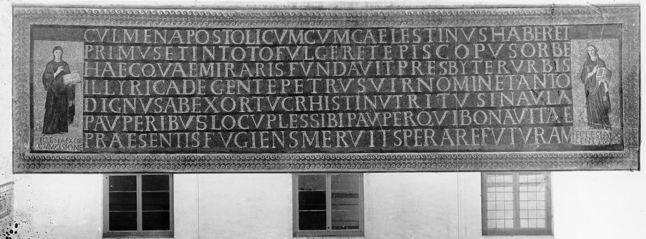Syv heksametre flankeret af to figurer, den ene repræsenterer jødernes kirke (ex-circumcisione) og den anden repræsenterer hedningenes kirke (ex-gentibus) (mosaik) af Paleo Christian