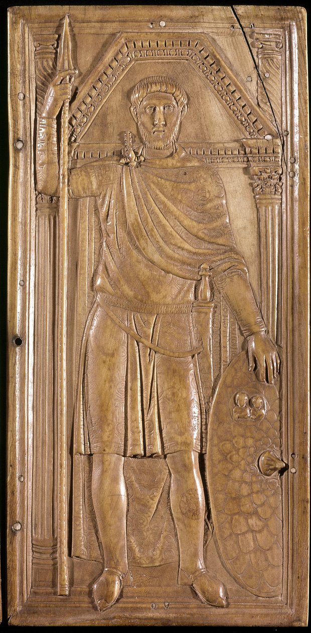 Stilicon i våben, general, patrice og konsul i det vestromerske imperium. Højre panel af stilichos dybtik (skulptur på elfenben, ca. 395) af Paleo Christian