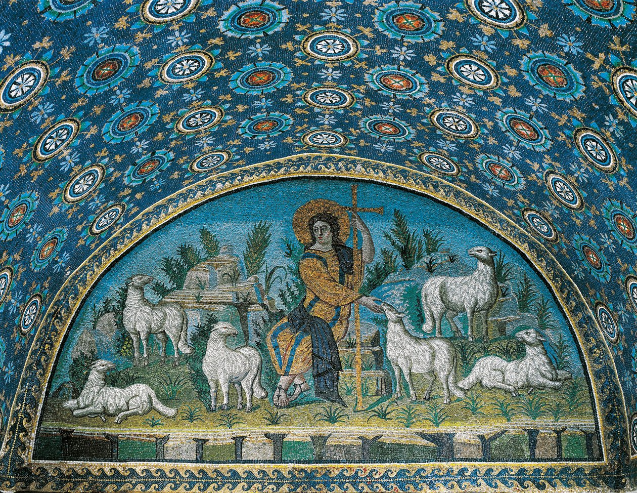 Den gode hyrde, mosaik af rammen over indgangsdøren til Mausoleum of Galla Placidia, c425 (mosaik) af Paleo Christian