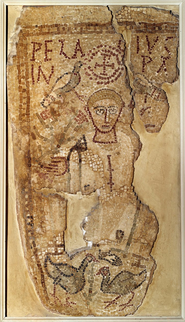 Paleochretiansk antikvitet: "" Repræsentation af ascetmunken Pelage (eller Pelagius) (350-420)"" Begravelsesmosaik fra Tunesien. Paris, Louvre-museet af Paleo Christian Paleo Christian