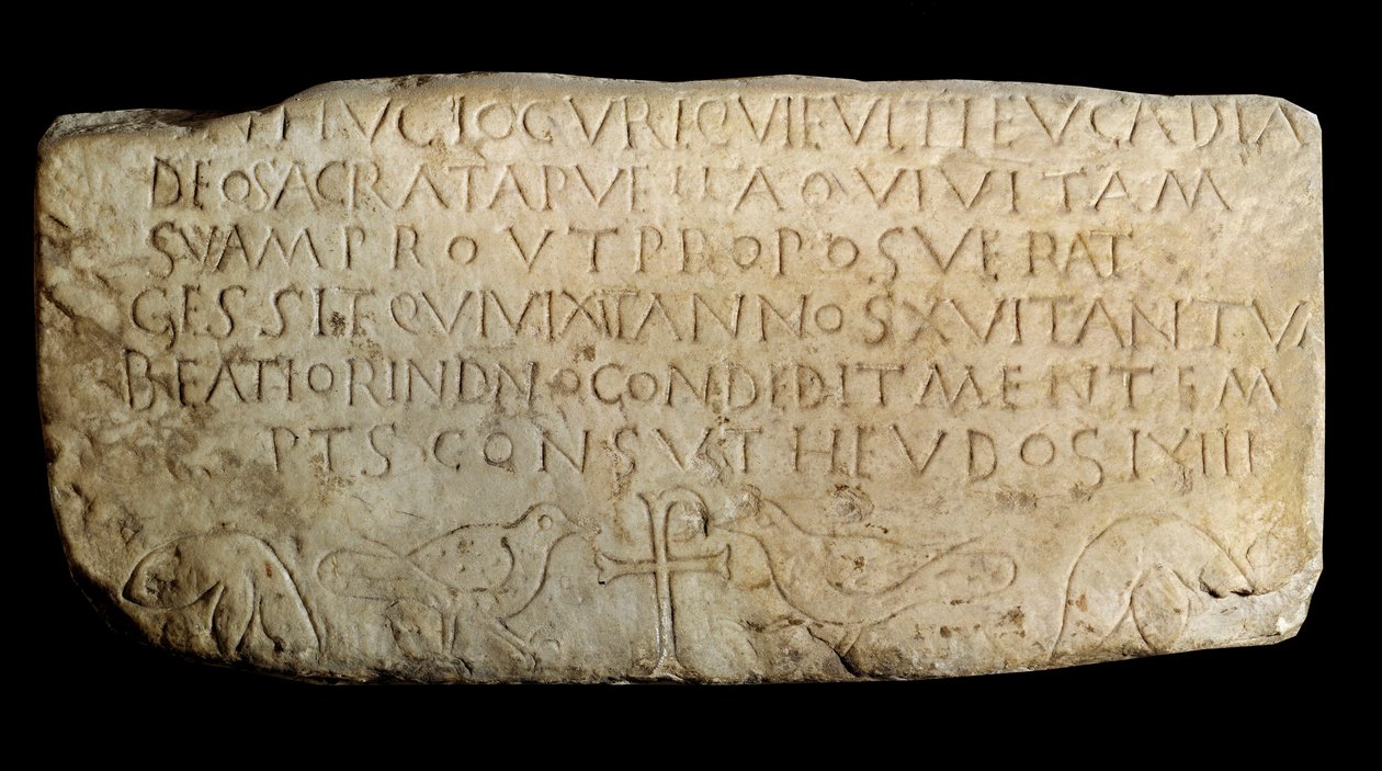 Paleochristian kunst: epitafium af Leucadia. Plade fra den gamle Makkabæerkirke i Lyon. Paris, Louvre-museet af Paleo Christian Paleo Christian