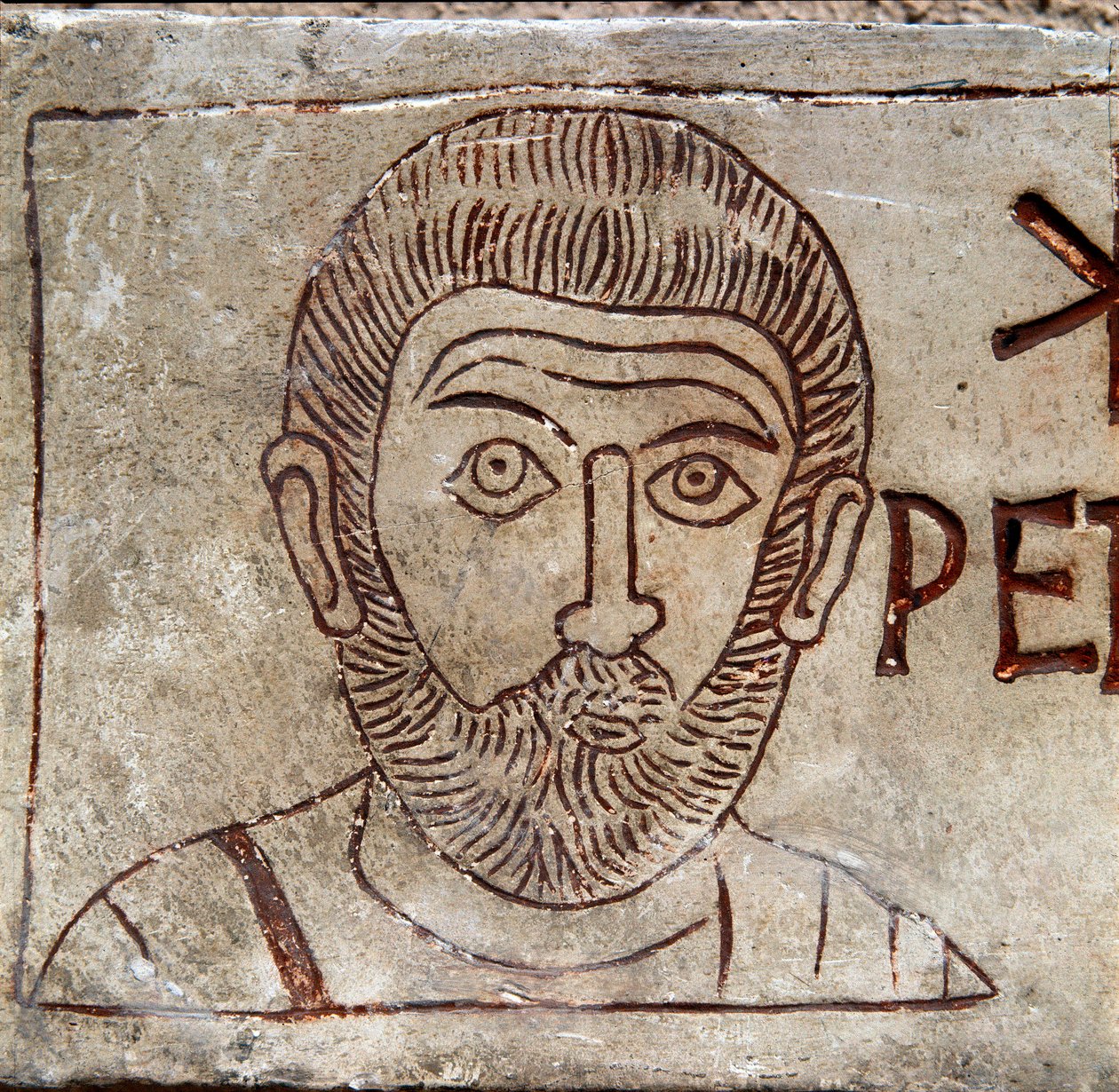 Repræsentation af Sankt Peter. Paleochristian graffito fra Aquileia. 1. århundrede e.Kr. Aquileia, Paleochristian National Museum af Paleo Christian Paleo Christian