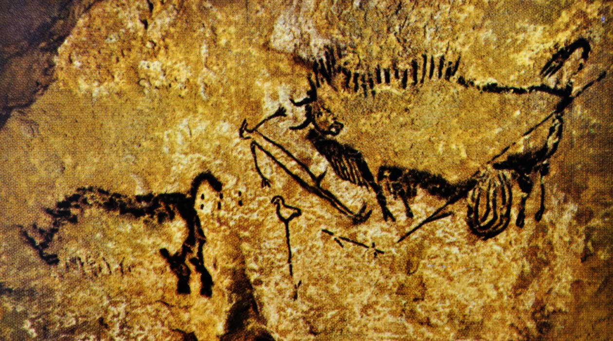 Såret bison, såret mand og uldhåret næsehorn, Lascaux (hulemaleri) af Paleolithic Paleolithic