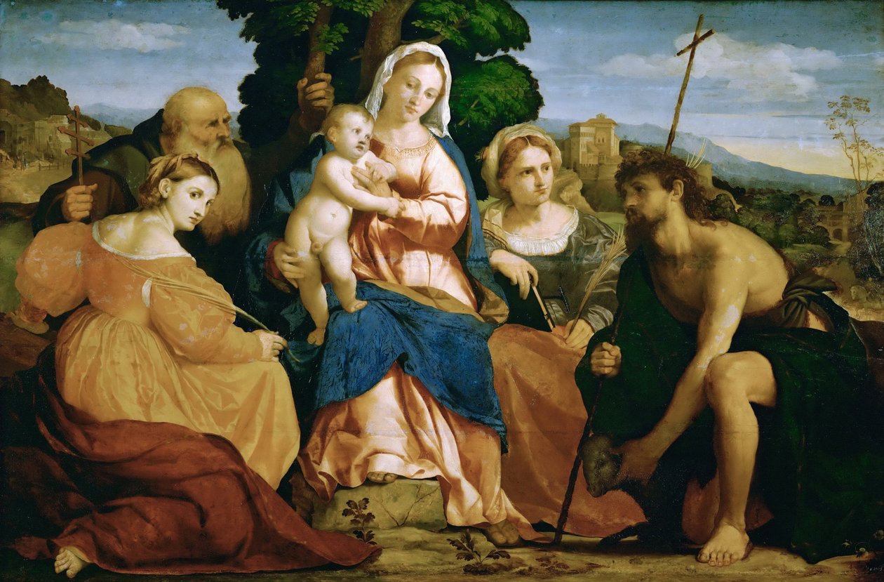 Mary med barnet og de hellige Katharina og Coelestin (til venstre) og Johannes d. Baptist og Barbara (højre) af Palma il Vecchio