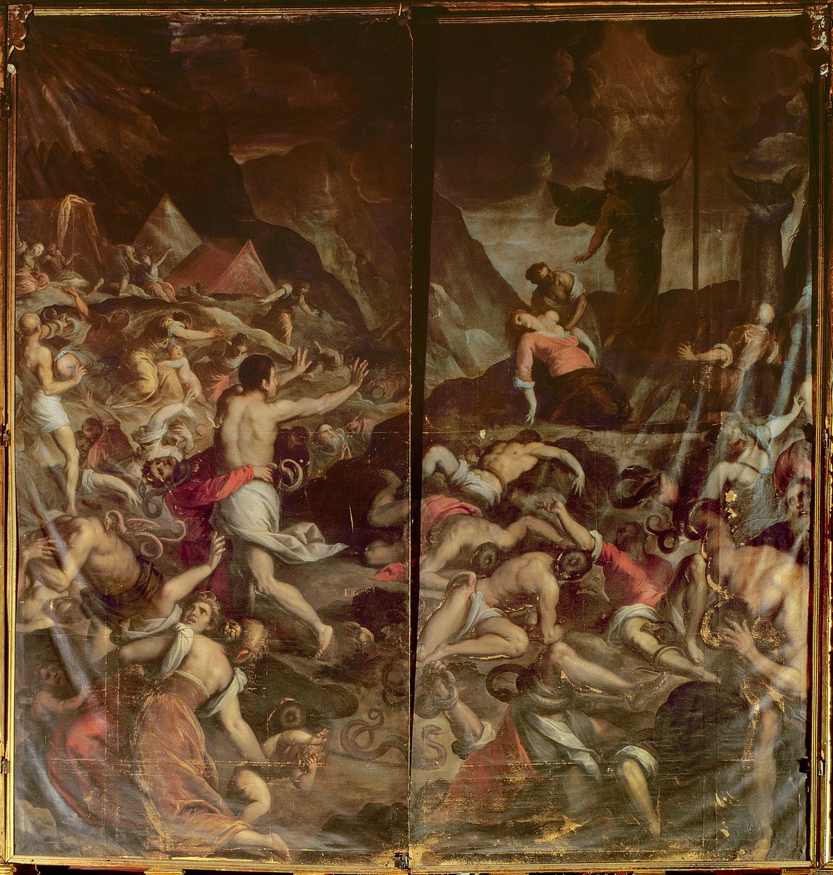 To orgelpaneldøre, der viser de flammende slanger, der inficerer Moses