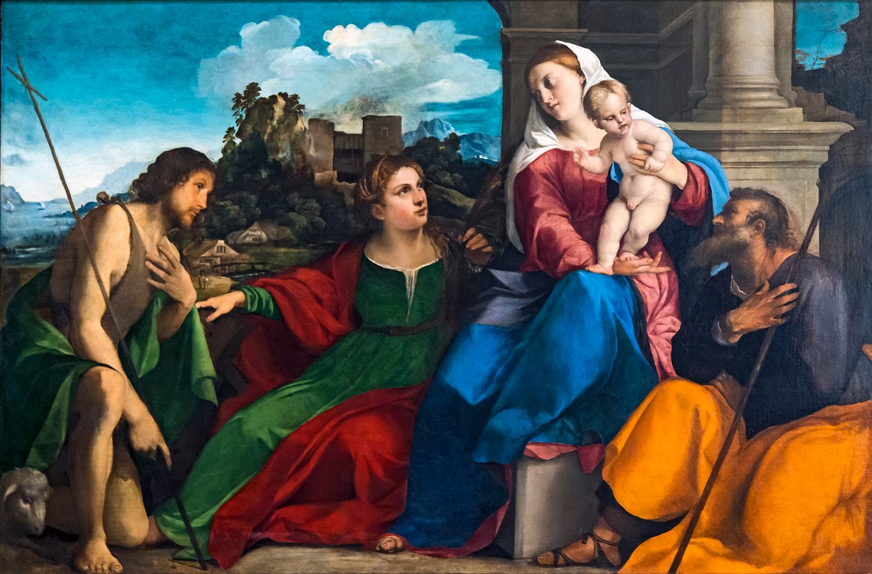 Hellig familie med de hellige Catherine af Alexandria og Johannes Døberen af Palma il Vecchio