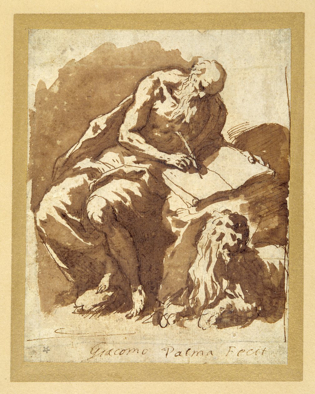 St. Jerome sidder på en sten og skriver (pen og blæk med vask på papir) af Palma Il Giovane