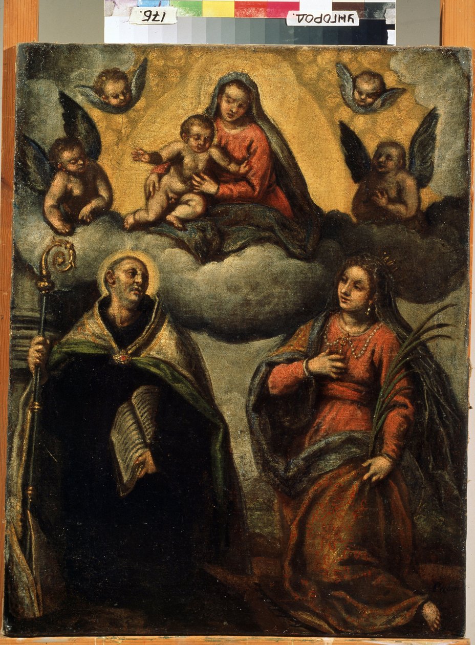 Jomfru og barn med hellige. Maleri af Jacopo Palma il Giovane (De unge af Palma Il  Giovane