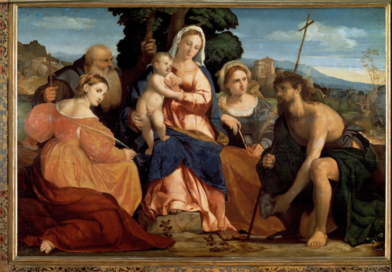 Jomfru med barn med St. Catherine og St. Celestine (til venstre) og Johannes Døberen og Barbara (til højre) (maleri af Palma Il Giovane
