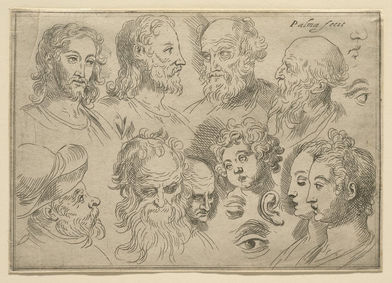 Skitseplade med ti hoveder, 1636 af Palma Il Giovane