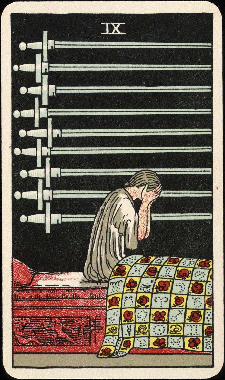 Ni af sværd, tarotkort, c 1937 af Pamela Colman Smith