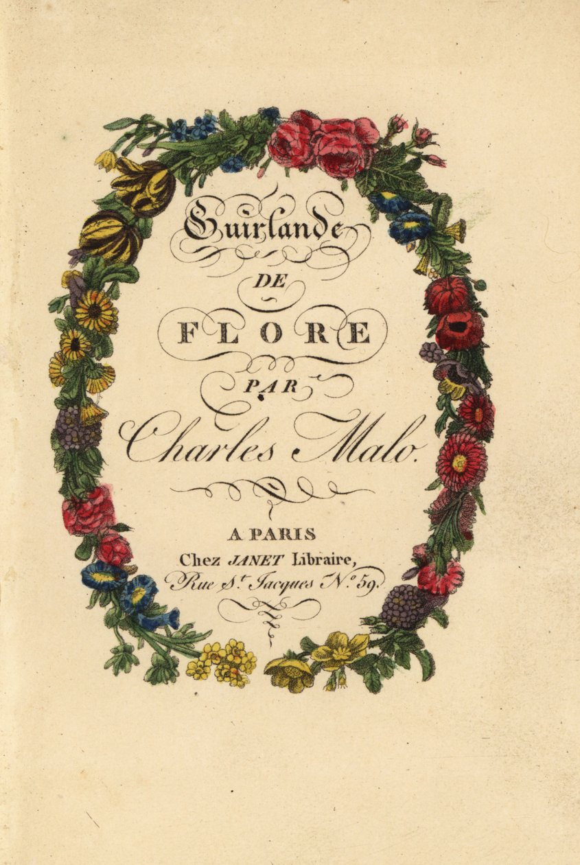 Kalligrafisk titelside i en blomsterkrans af roser, tulipaner og andre blomster af Pancrace (after) Bessa