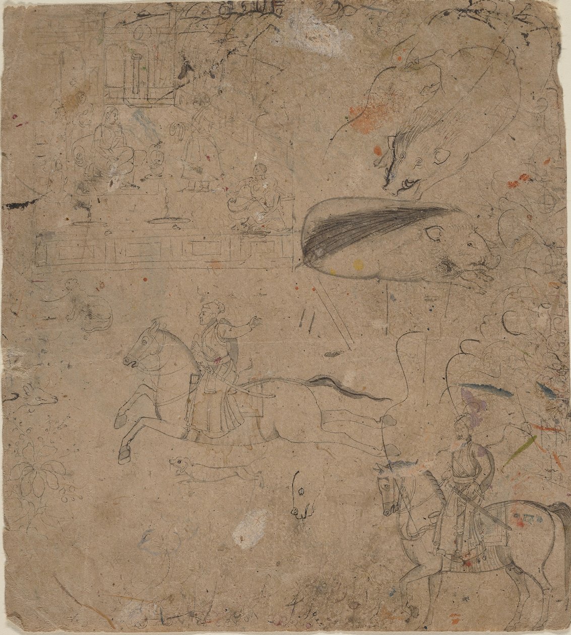 Side fra en skitsebog, der viser linealer på hesteryg, orner og en paladsscene, slutningen af det 18. århundrede af Pandit Seu