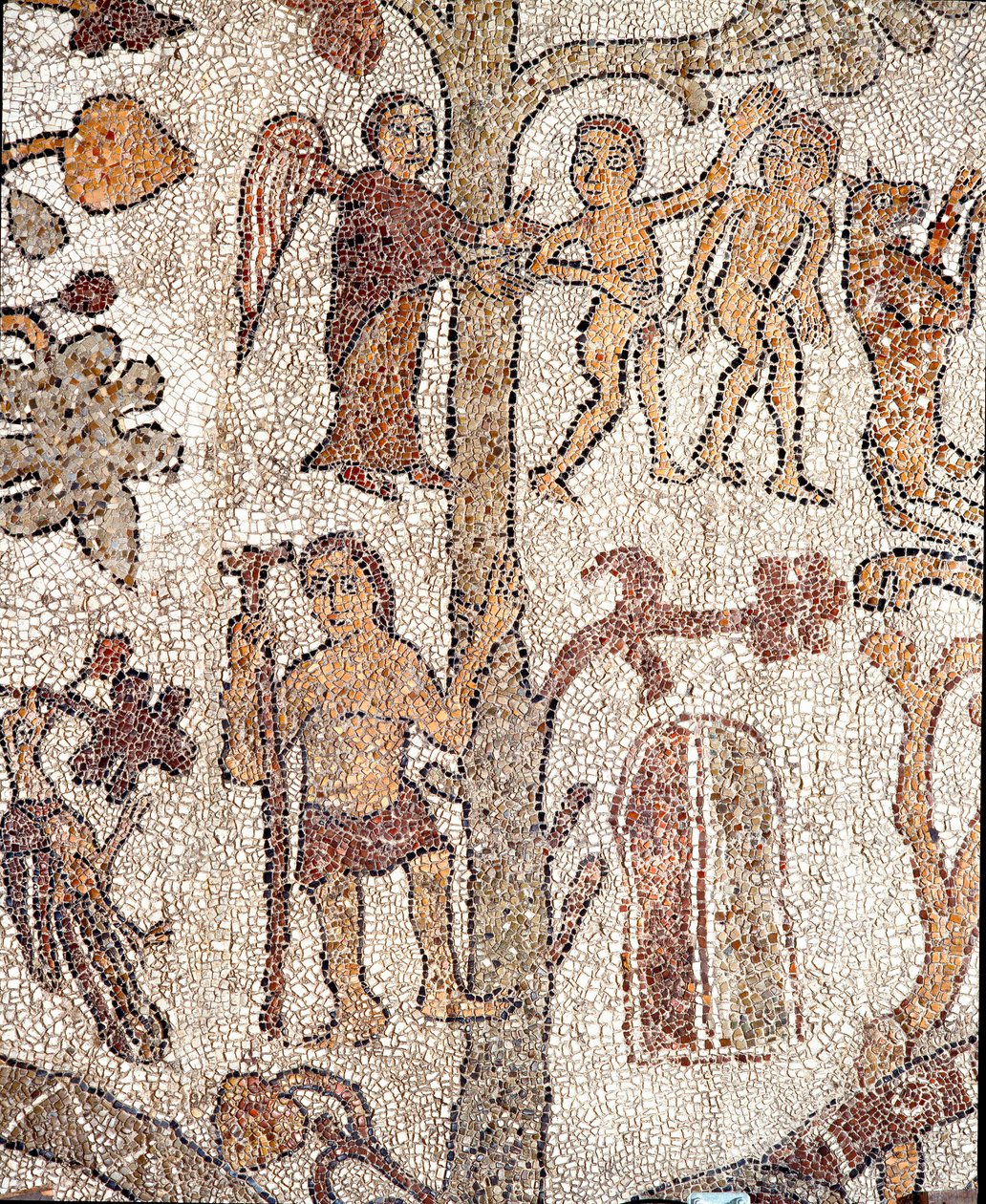Adam og Eva jager fra Jordens paradismosaik af Pantaleone, præst og mosaist. 1163-1166. Centralskib i katedralen i Otranto af Pantaleon