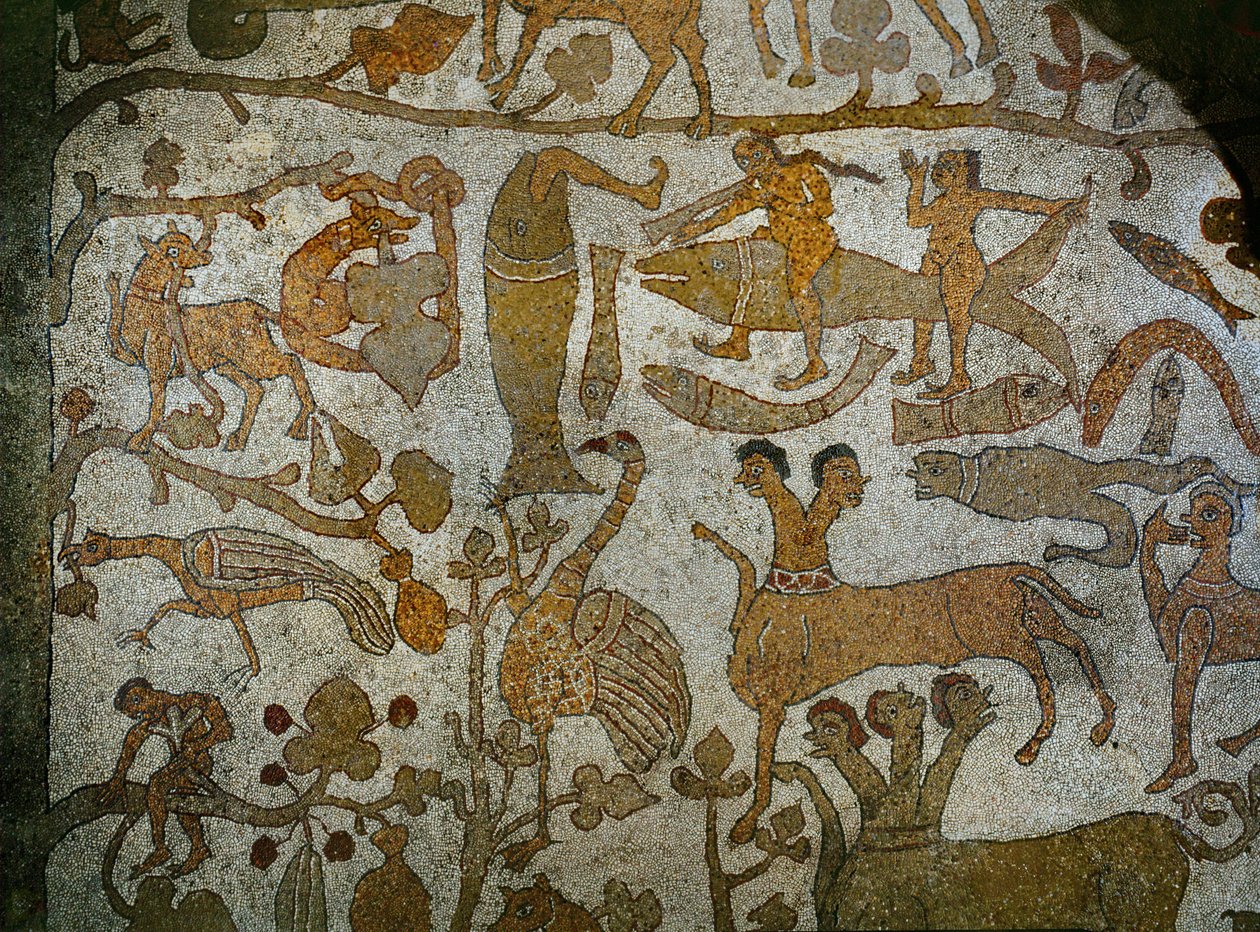Indiens dyr over billedet af Indiens erobrer Alexander den Store, fra mosaikgulvet i katedralen i Otranto (mosaik) af Pantaleone Pantaleone