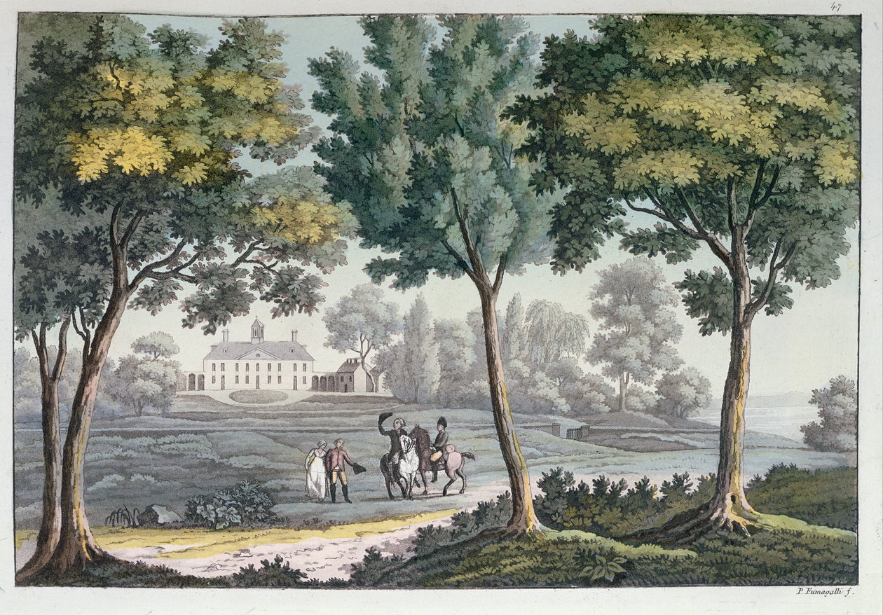 Mount Vernon, Virginia, hjemsted for George Washington, ca. 1820 (farvegravering) af Paolo Fumagalli