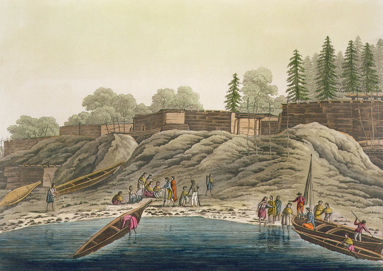 Nutka-indianere udveksler gaver med europæiske opdagelsesrejsende eller hvalfangere, fra "Le Costume Ancien et Moderne", bind I, plade 18, af Jules Ferrario, udgivet omkring 1820-30