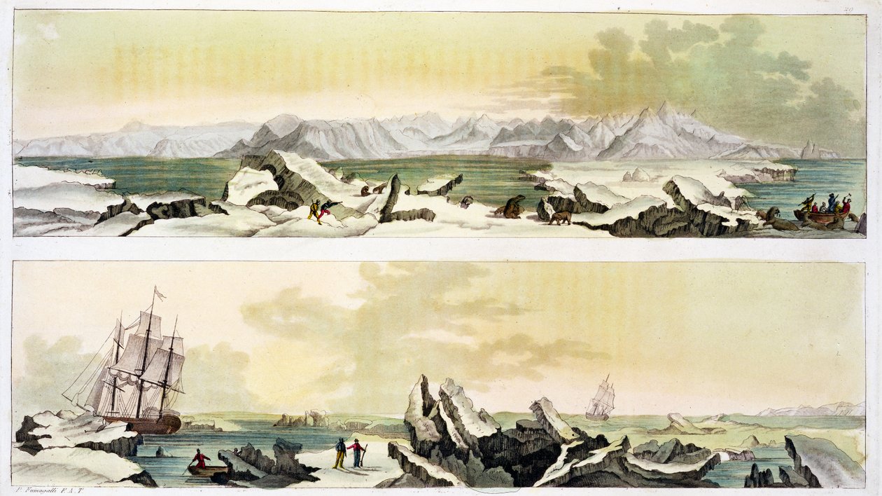 Udsigt over Spitsbergen med "Dorothea" (farvestik) af Paolo Fumagalli