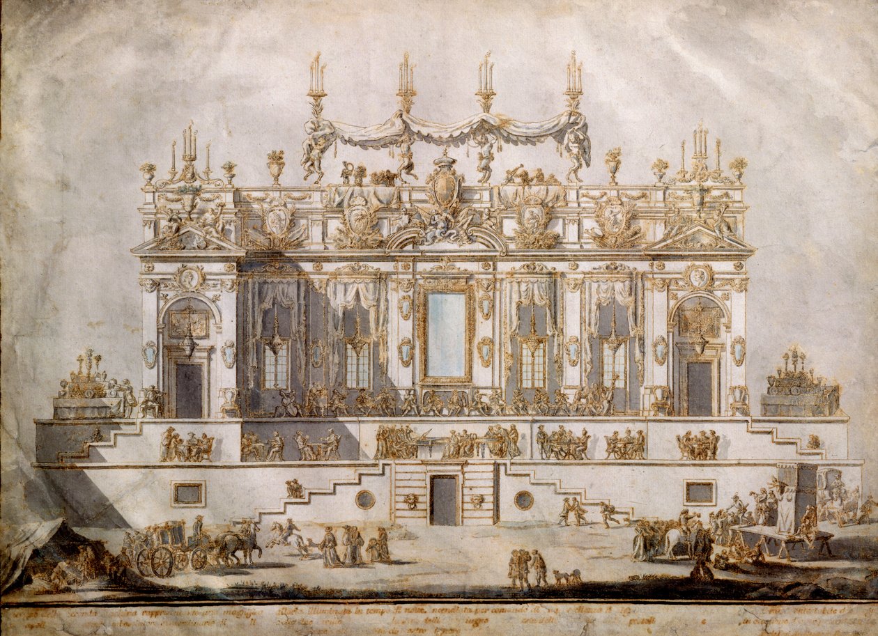 Tværsnit af et storslået hus, design til Festa della Chinea, tegnet af G. Palazzi (ca. 1740-76), 1764 (pen & blæk og vask på papir) af Paolo Posi