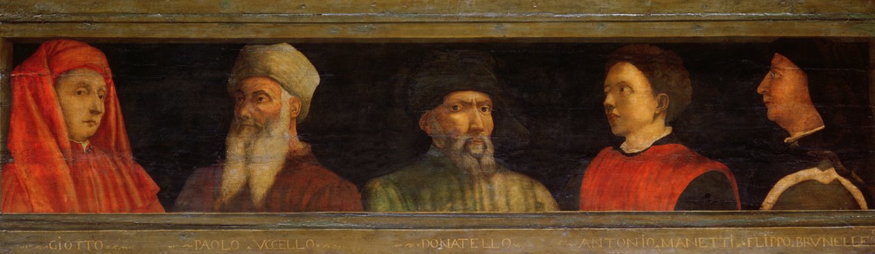 Portrætter af Giotto (ca. 1266-1337) Uccello, Donatello (ca. 1386-1466) Manetti (ca. 1405-60) og Brunelleschi (1377-1446) (tempera på panel) af Paolo Uccello