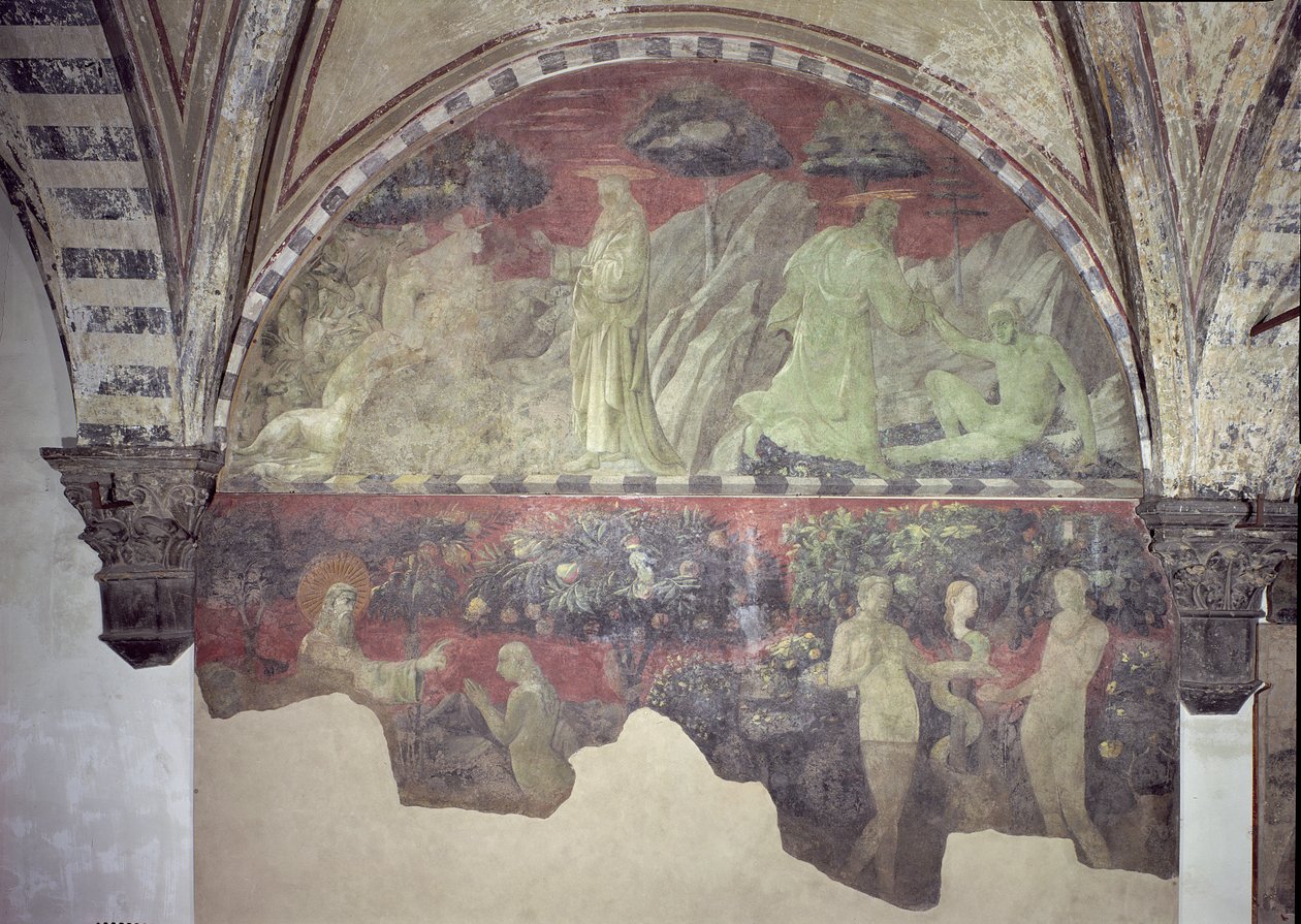 Skabelsen af dyrene og Adam (øverste sektion) skabelsen af Eva og arvesynden (nederste sektion) lunette af Paolo Uccello