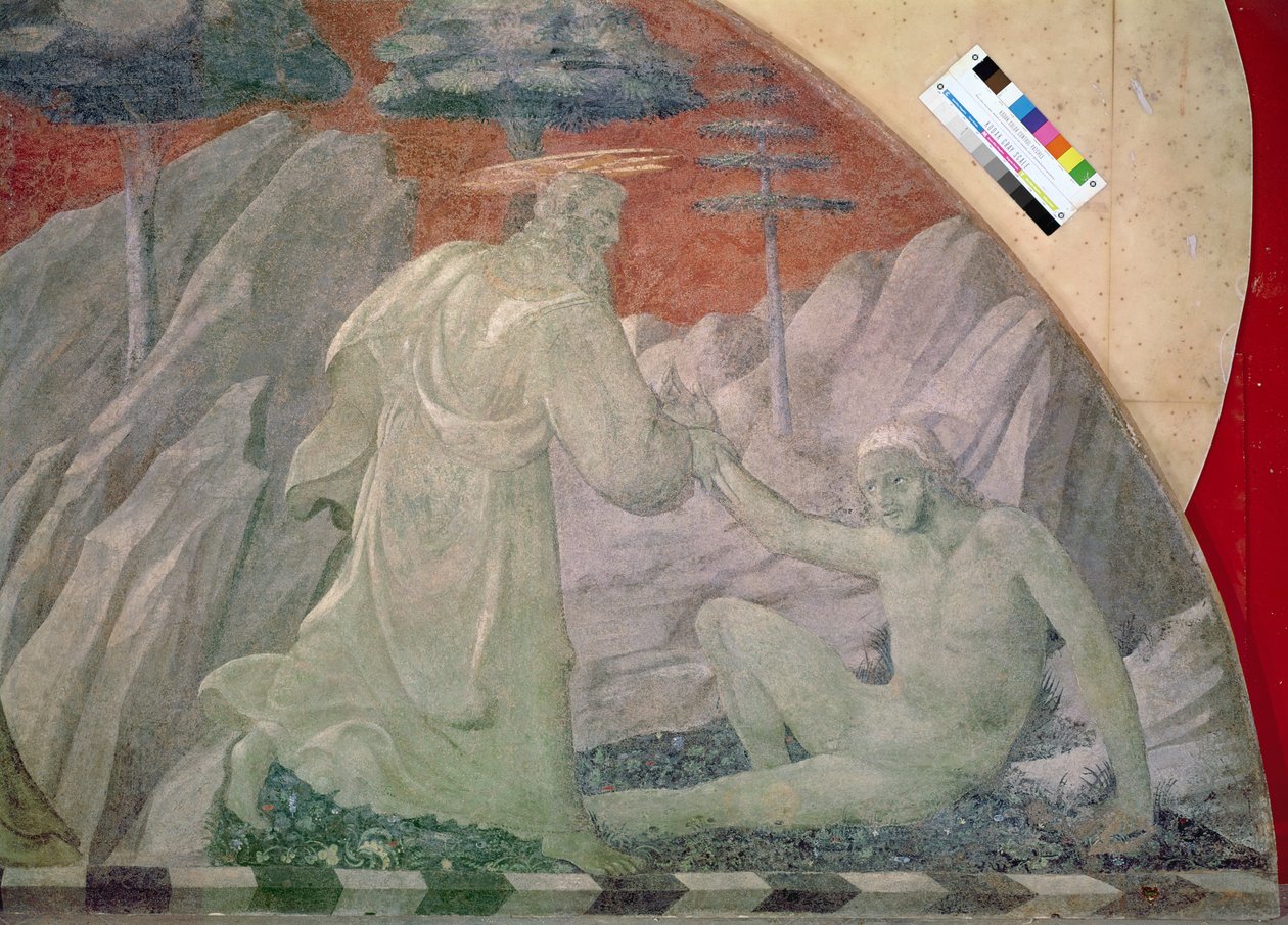 Dyrenes og Adams skabelse detalje af Adams skabelse, 1430 fresko overført til lærred af Paolo Uccello