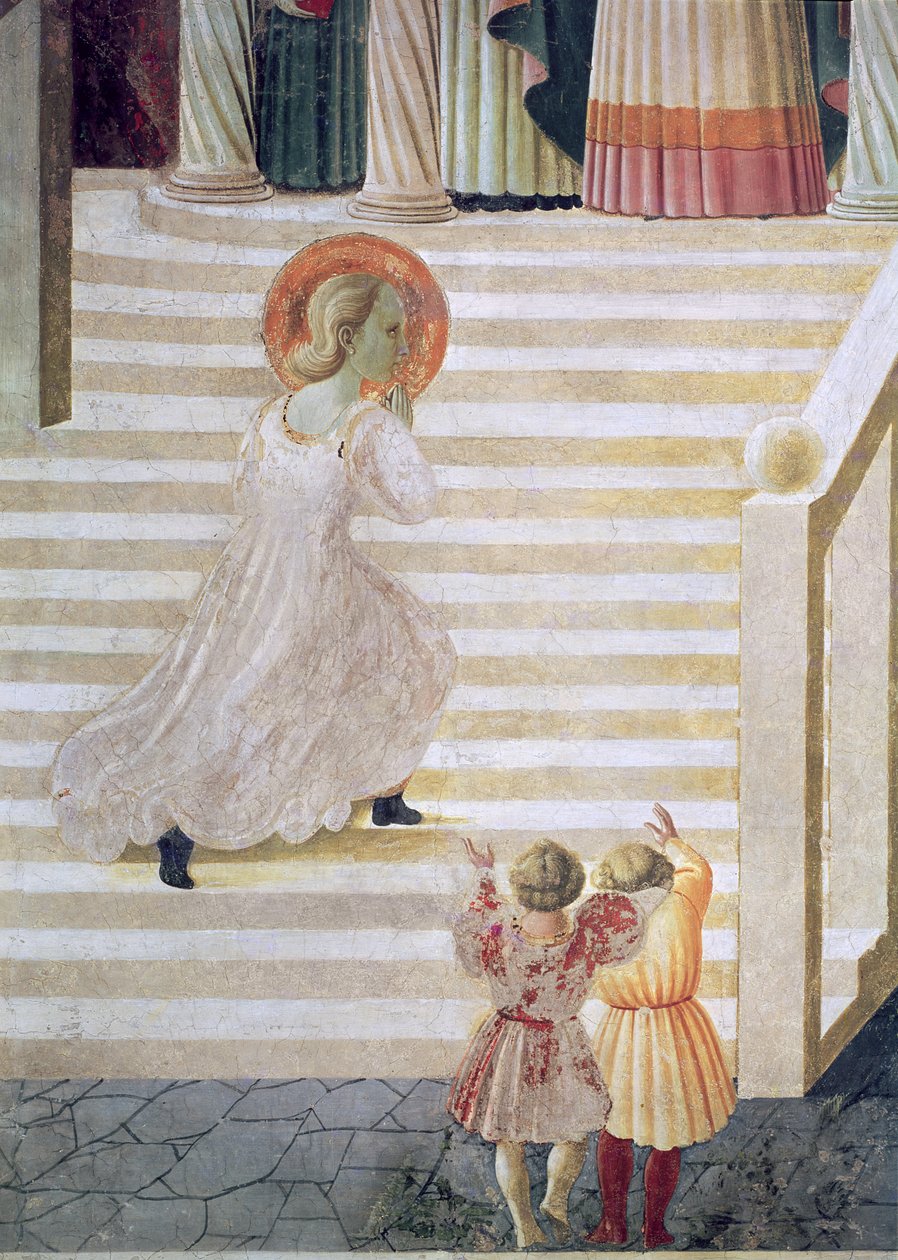 Jomfru Maria på vej op ad trappen ved Mariafremstillingen i templet, 1433-34 (detalje) af Paolo Uccello