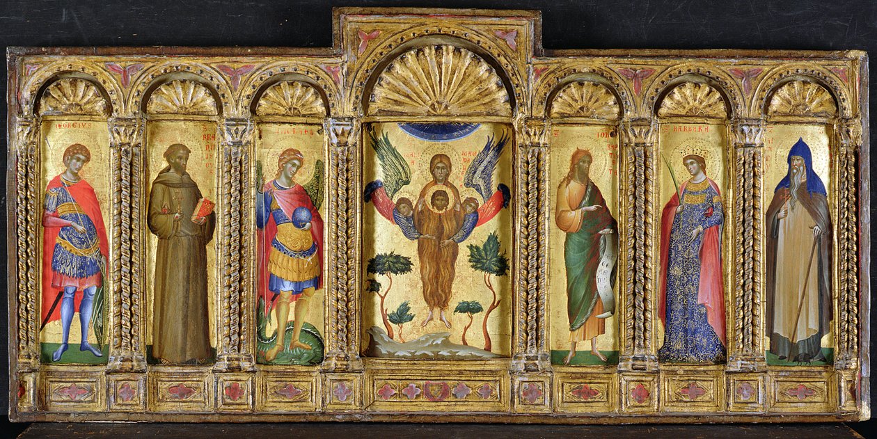 Triptykon med Maria Magdalena, der holder Kristi hoved, flankeret af helgener, (tempera på panel) af Paolo Veneziano
