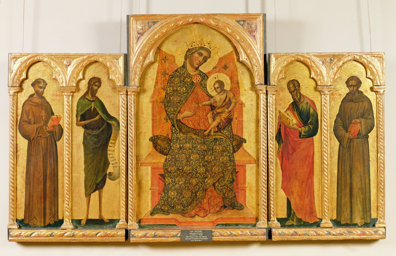 Jomfru og barn med Sankt Frans, Johannes Døberen, Sankt Johannes Evangelisten, Sankt Antonius af Padua, 1354 (tempera på panel) af Paolo Veneziano