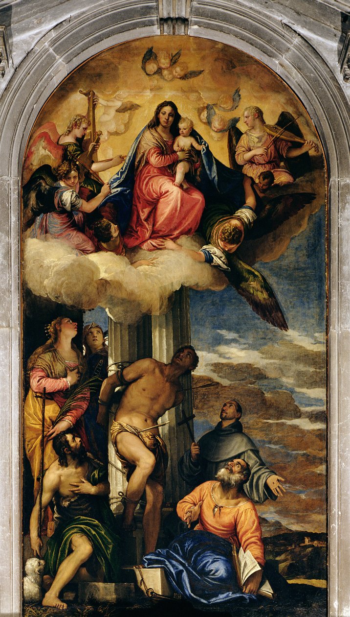 Jomfru og barn med englemusikere og hellige af Paolo Veronese