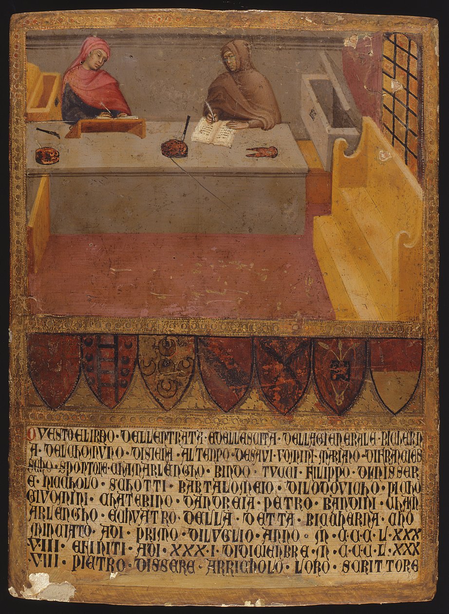 Chief Financial Officer og skribent ved deres skrivebord i Biccherna (indtægtskontoret) (tempera på panel) af Paolo di Giovanni Fei