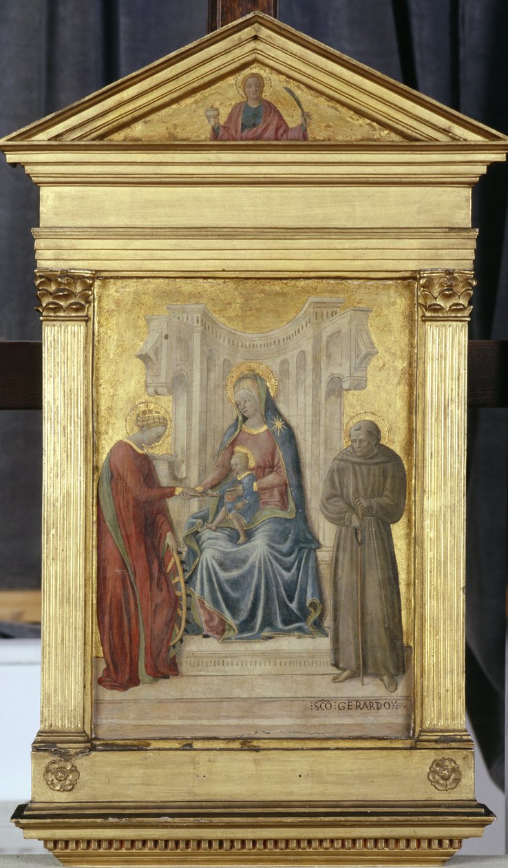 Madonna på tronen med barnet og de hellige Gerhard og Katharina, ca. 1450 (tempera på poppeltræ) af Paolo di Stefano Badaloni Schiavo