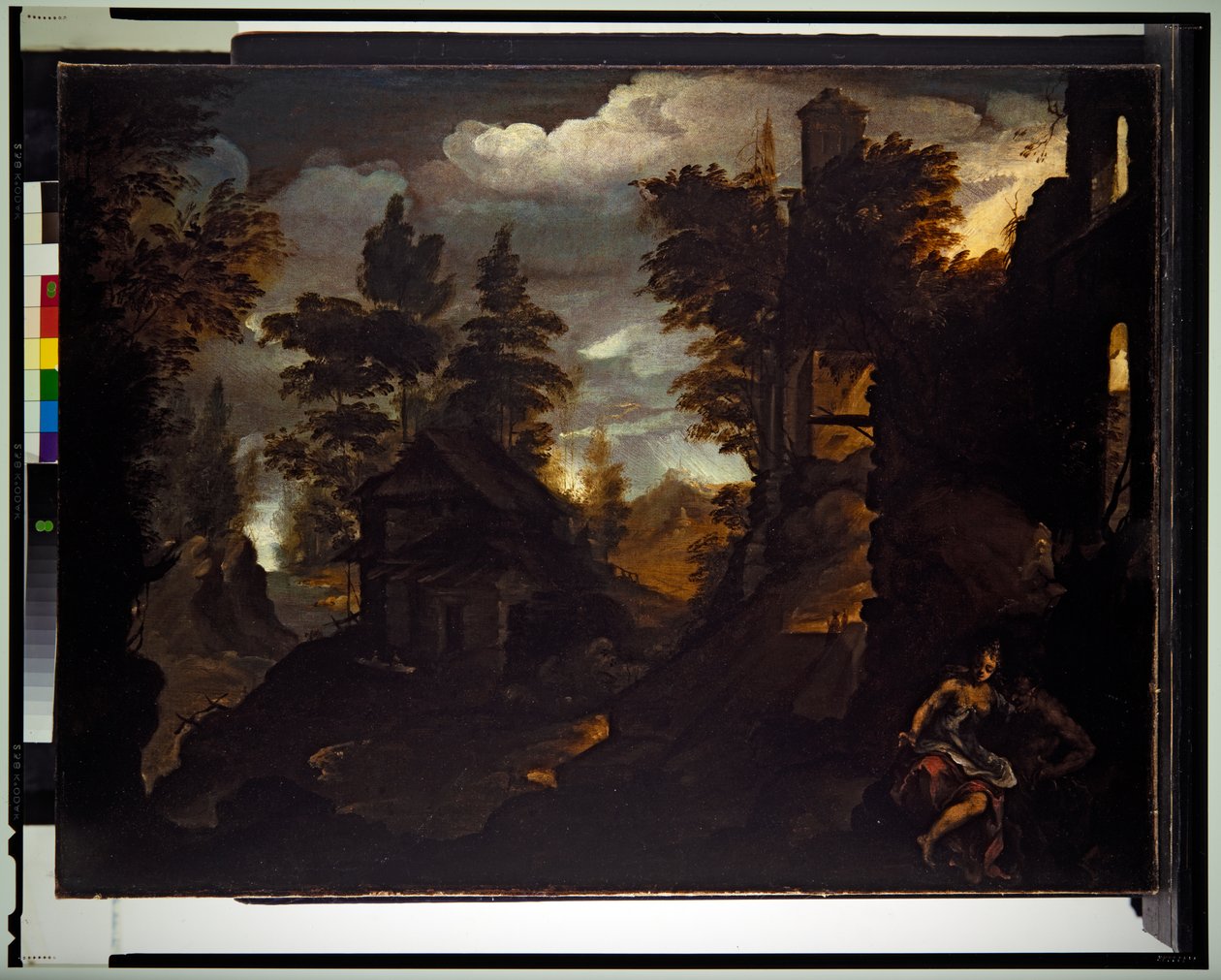 En nymfe og en satyr ved en bygningsruin i et klippefyldt skovlandskab af Paolo (1540 96) Fiammingo