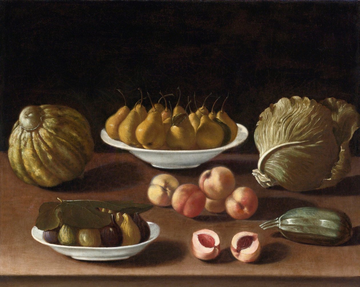 ""Stilleben med pærer, ferskner, figner, melonkål og squash"" (Stilleben med pærer, ferskner, figner, en melon, kål og marv) Maleri af Paolo Antonio Barbieri (1603-1649) Olie på lærred, 76, 5x94 - Privat samling af Paolo Antonio Barbieri