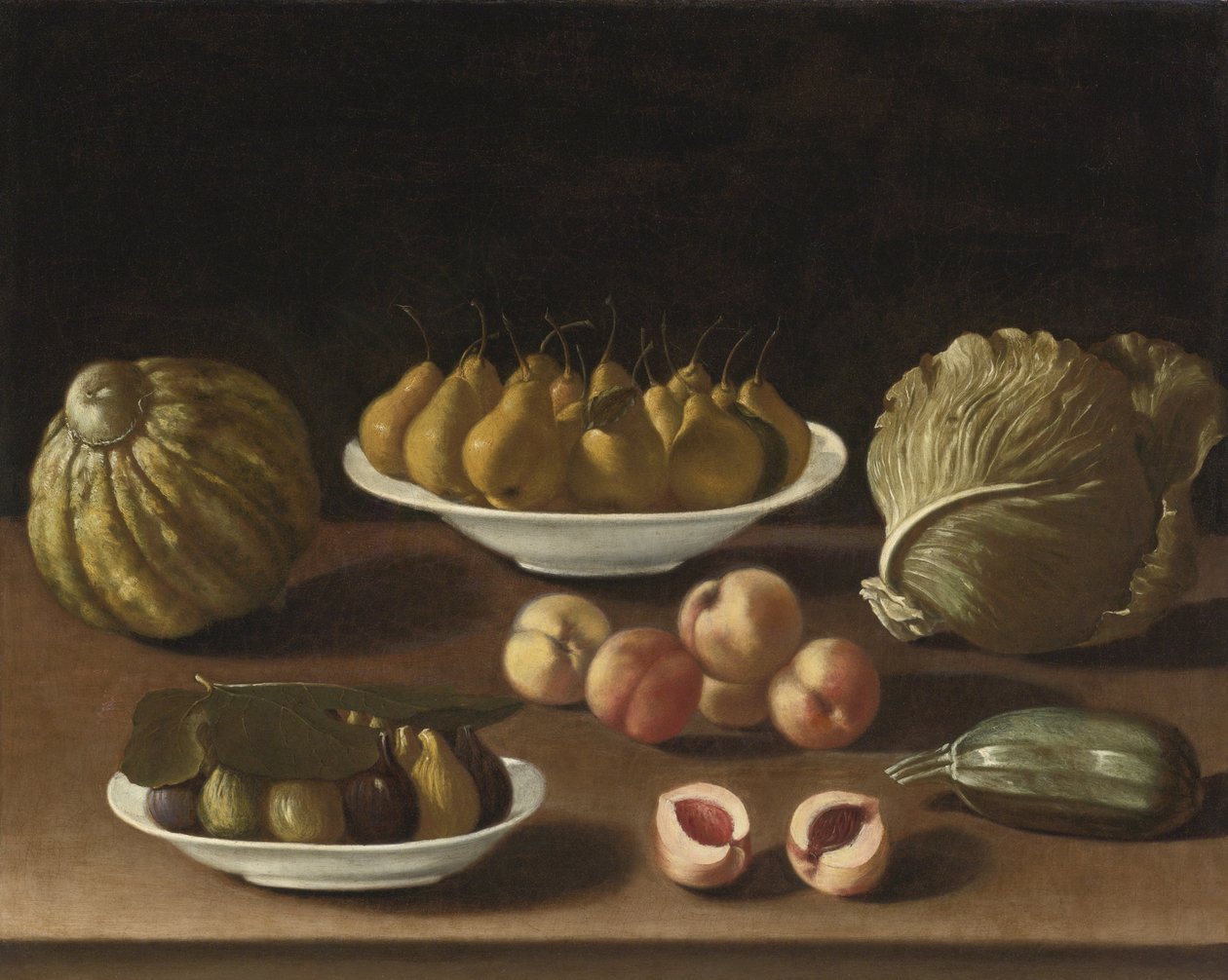 Stilleben med pærer, ferskner, figner, en melon, kål og marv af Paolo Antonio Barbieri