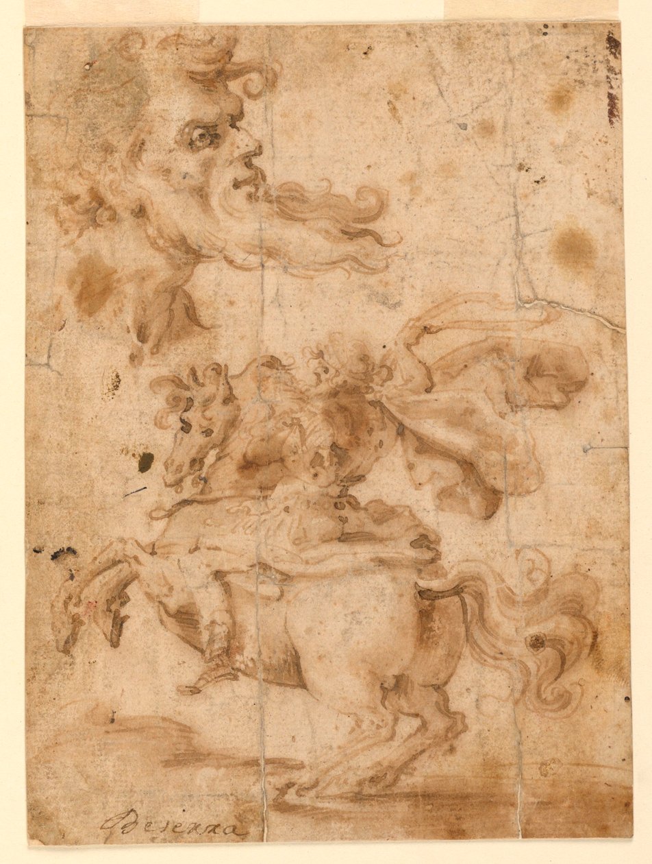 Tegning, Hovedet af en skægget mand, en mand til hest, ca. 1650 af Paolo Emilio Besenzi