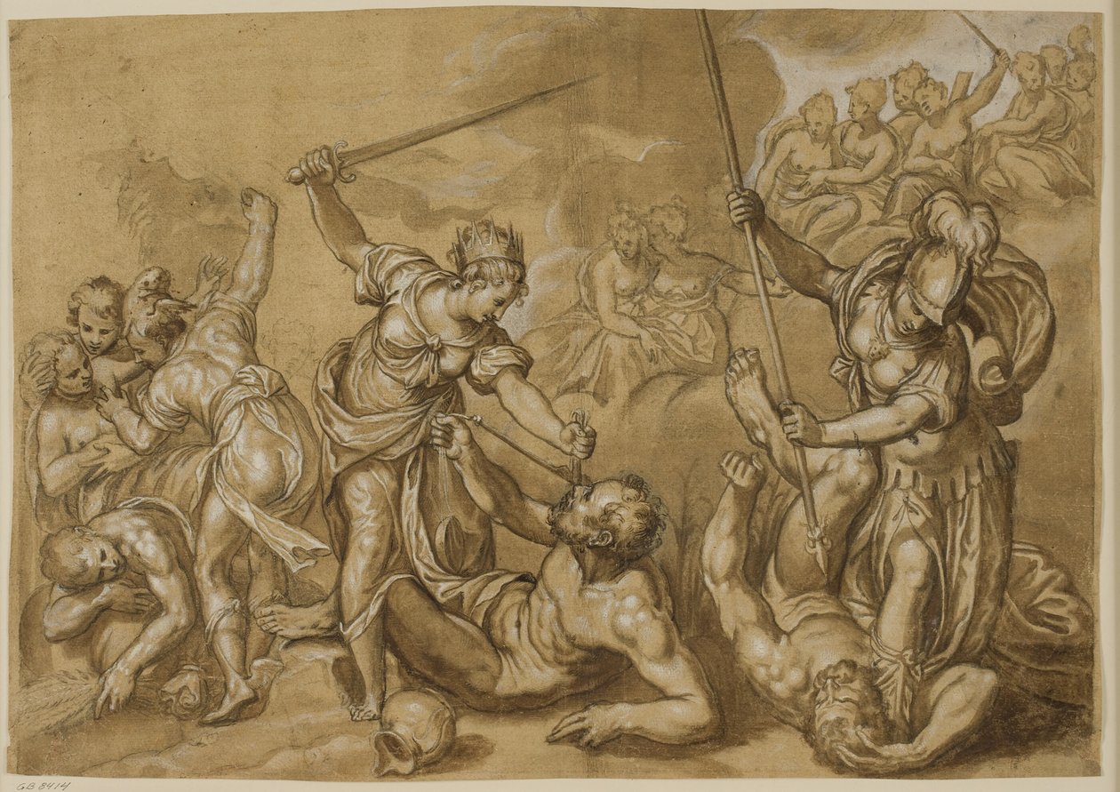 Justice, Mercury og Minerva besejrer lasterne, mens en gruppe gudinder ser fra skyerne af Paolo Farinati